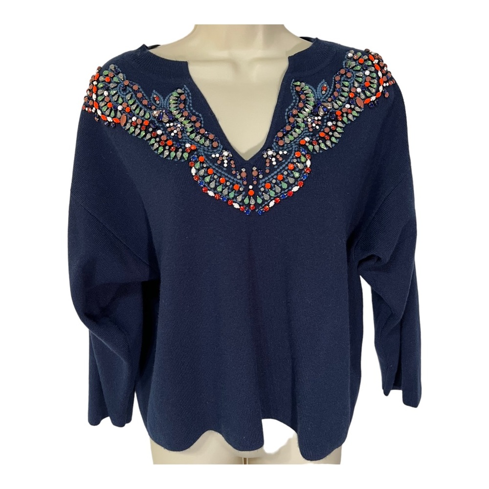 Moth Anthropologie Blue Beaded Soft Sweater size Small